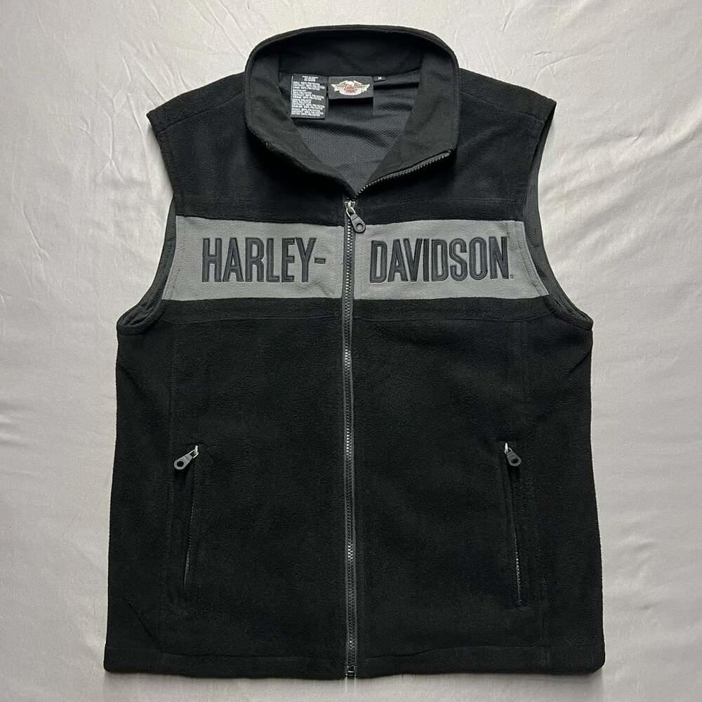Harley Davidson Fleece Vest Size M Black Gray Full Zip Logo Pockets